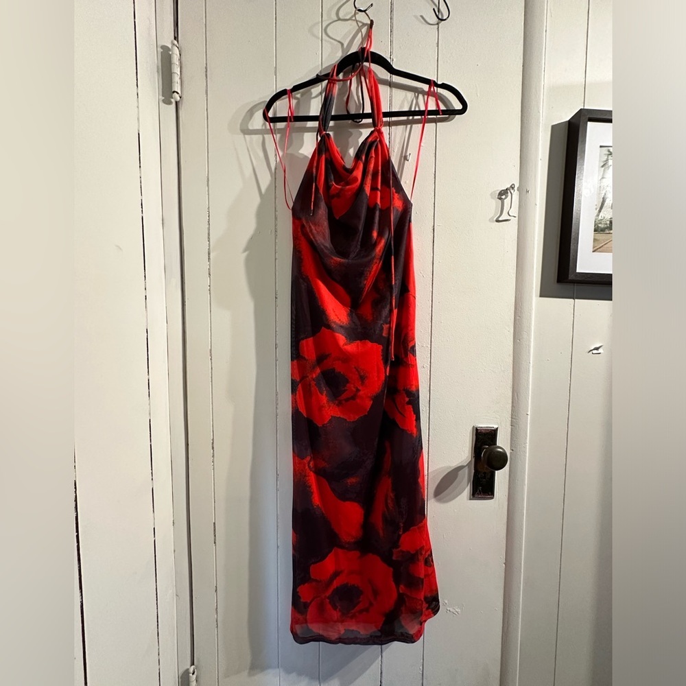 AKIRA Red and Black Floral Backless Halter Dress